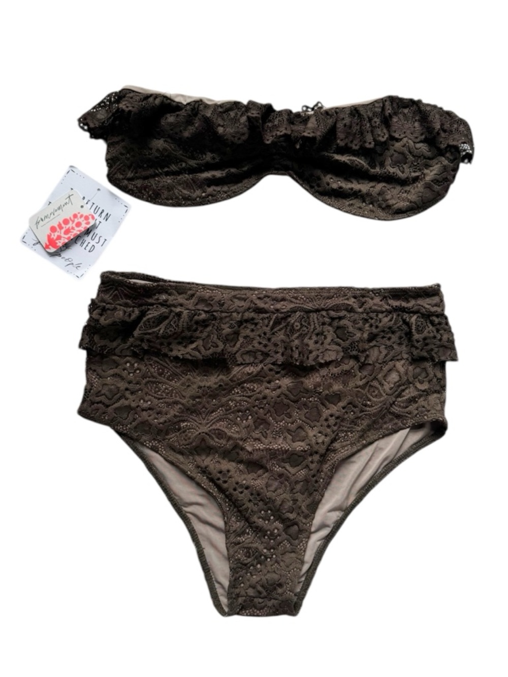 Free People x Nightcap Chocolate Brown Lotus Lace Flirtini High-Waist Bikini NWT - Picture 4 of 7